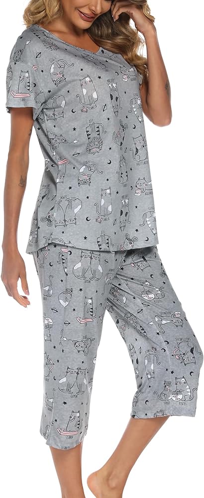 ENJOYNIGHT Womens Pajama Sets Cotton Pj Set Short Sleeve Top With Capri Pants Sleepwear 2 Piece Lounge Set