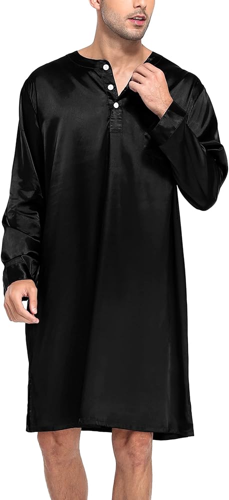 SWOMOG Men's Long Sleeve Nightshirt Satin Nightgown Winter Crew-neck Sleepwear Button-up Soft Pull-over Loose Sleep Shirt