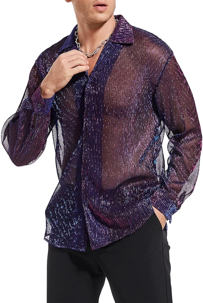 Mens Sliver Sheer Mesh Disco Shirt Metallic Outfits Sequin Long Sleeves Glitter Top Casual Club Chucky Party shirts