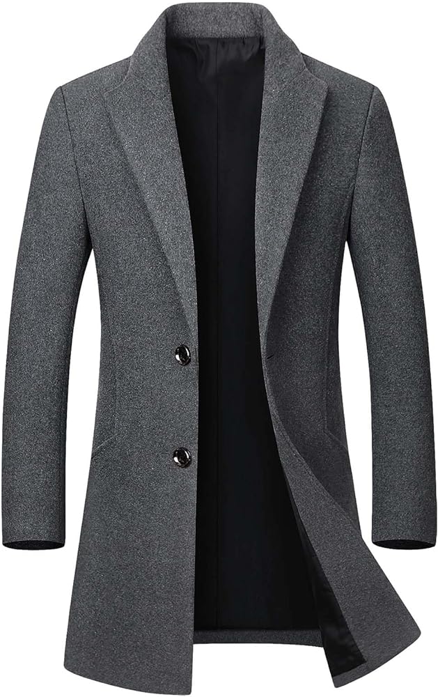 Men's Winter Coat Trench Overcoat Wool Blend Casual Single Breasted Mid-Long Pea Top Jacket