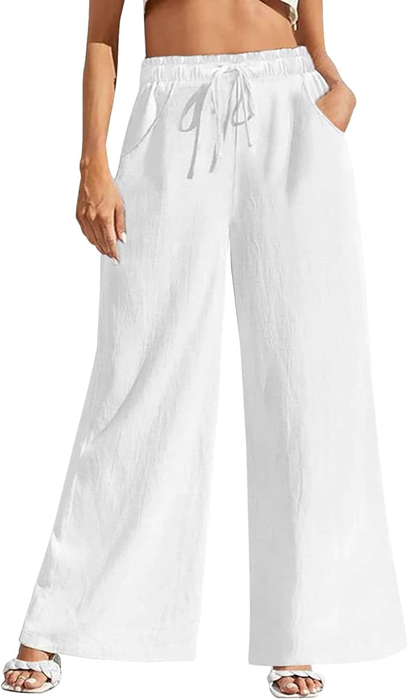 Women Wide Leg Linen Pants, High Waisted Summer Casual Cotton Linen Palazzo Pants with Pockets