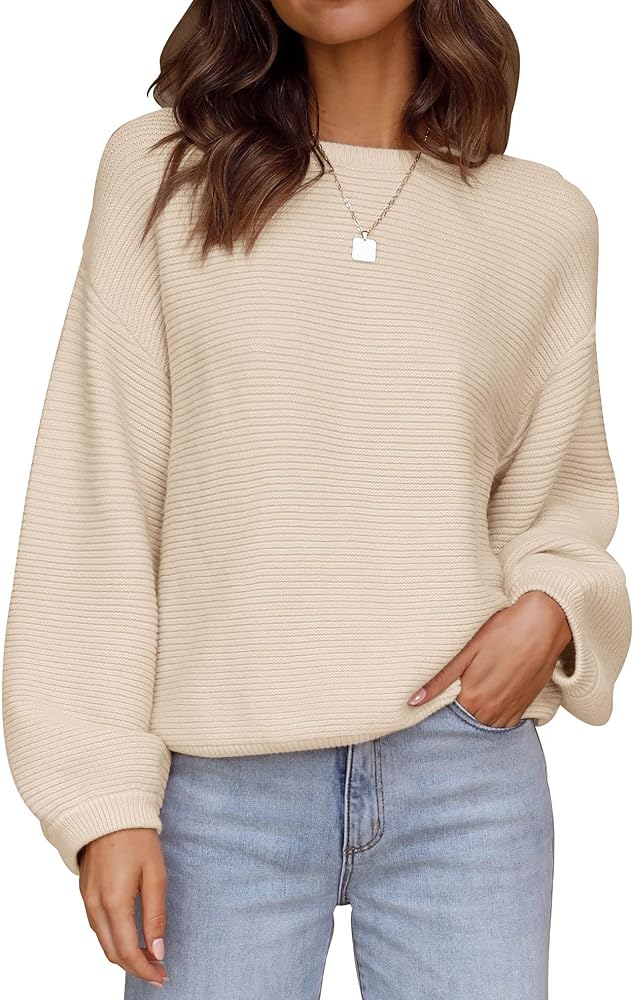 ZESICA Women's 2024 Crew Neck Long Lantern Sleeve Casual Loose Ribbed Knit Solid Soft Pullover Sweater Tops