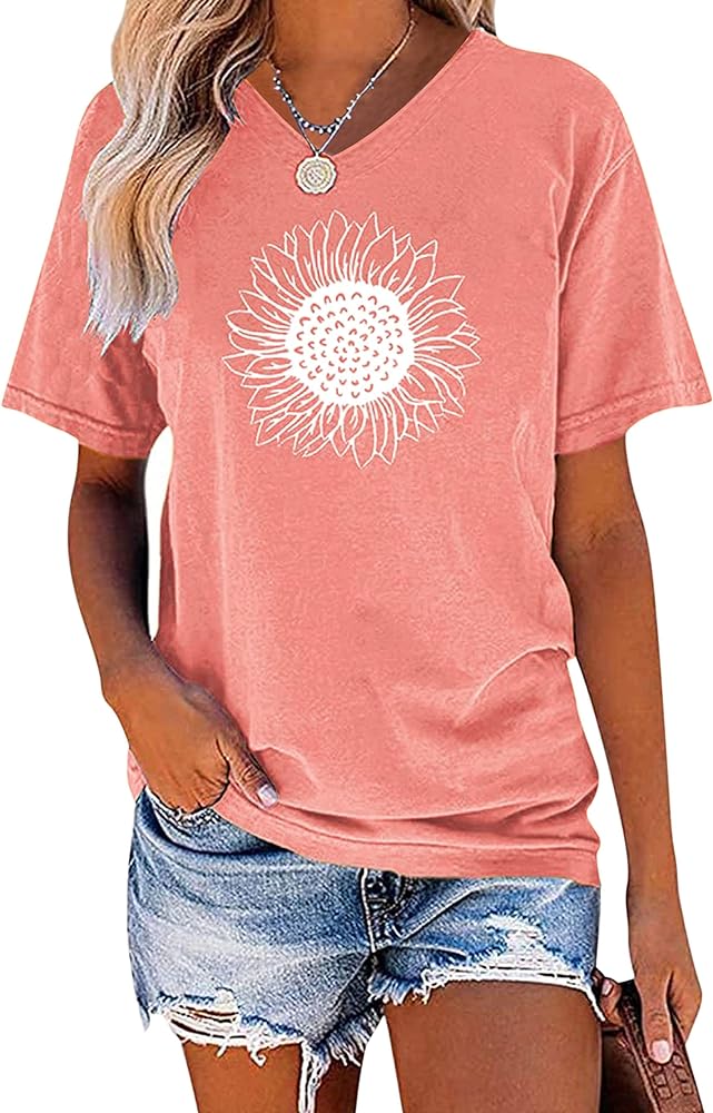 EADINVE Women's Summer Short Sleeve Cute Sunflower Graphic Printed Tee Vintage T Shirt Cotton Tops Novelty Cool Shirts