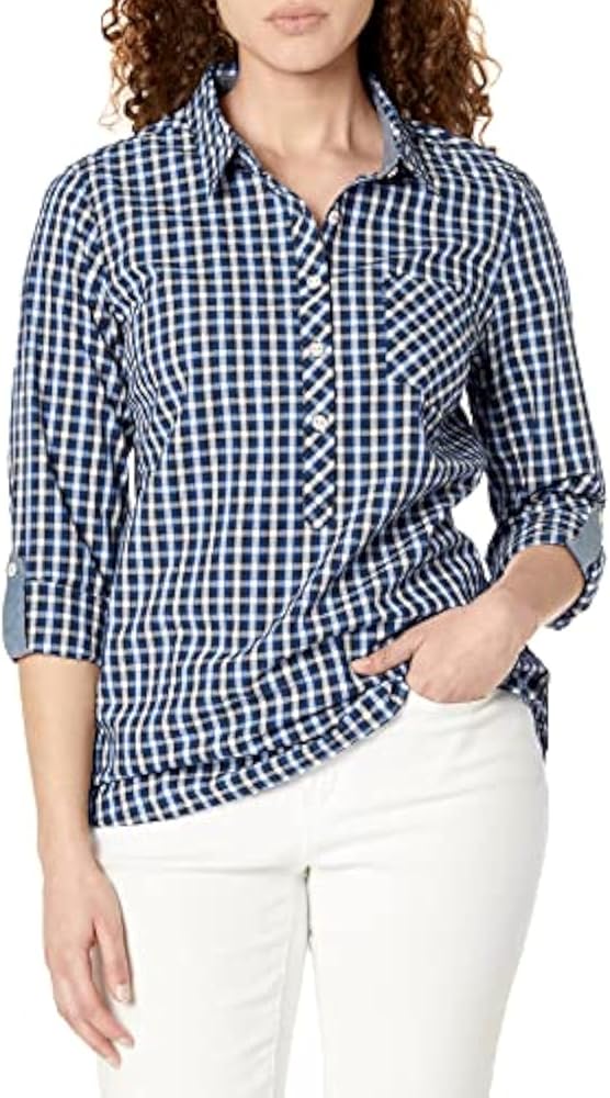 Tommy Hilfiger Women's Blouse Casual Check Roll Tab Sleeves Long Sleeve