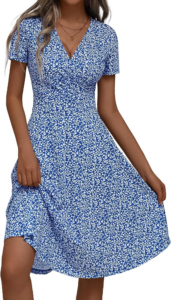 MSBASIC Summer Dresses for Women 2024 Short Sleeve V Neck Wrap Dress Casual Midi Sundresses