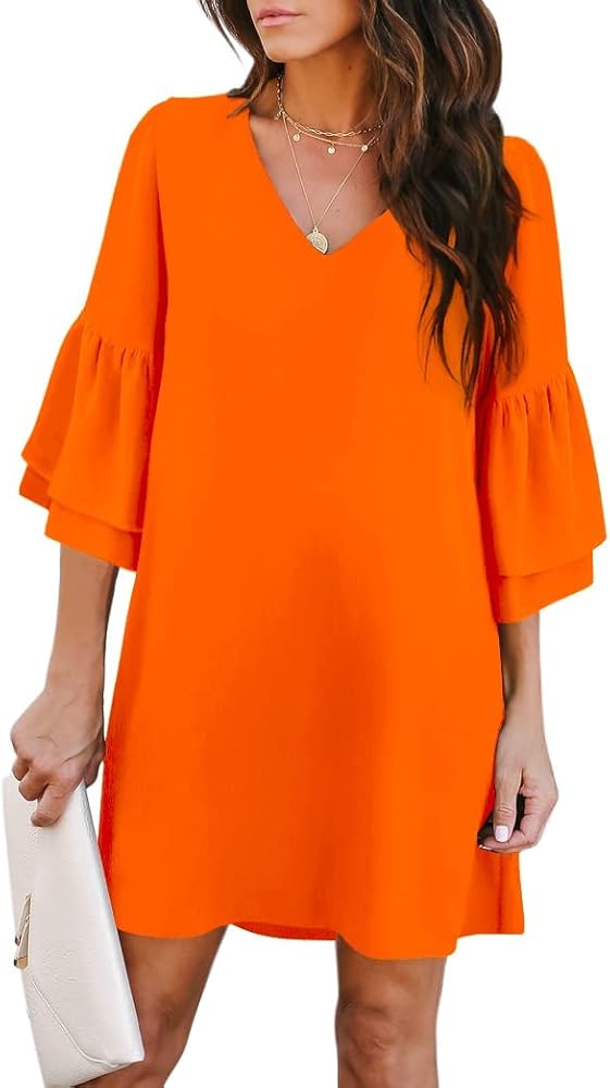 BELONGSCI Women's 2024 Summer Dress Sweet & Cute V-Neck Bell Sleeve Shift Dress Mini Dress, Perfect for Wedding or Graduation