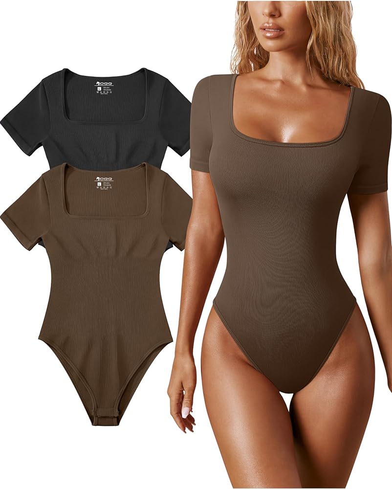 OQQ Women's 2 Piece Bodysuits Sexy Ribbed One Piece Square Neck Short Sleeve Bodysuits