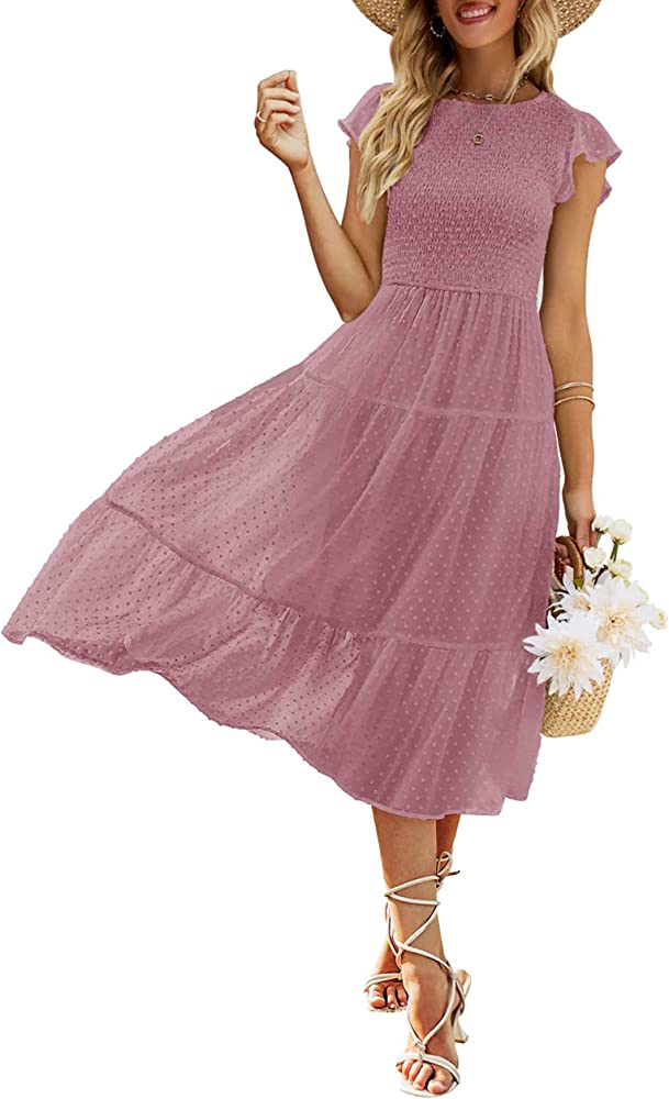 MEROKEETY Women's Summer Flutter Short Sleeve Smocked Midi Dress Swiss Dot Flowy Tiered Dresses