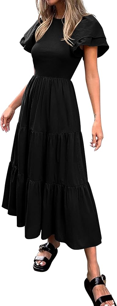 BTFBM Women Casual Summer Dresses Crewneck Flutter Puff Short Sleeve Elastic Waist Flowy ALine Tiered Maxi Dress Pockets