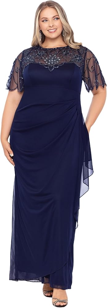 Xscape Women's Plus Size Long Beaded Sequin Illusion Neckline Jersey Dress