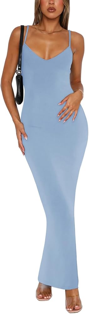 REORIA Women’s Summer Sexy V Neck Slip Long Dresses Adjustable Spaghetti Strap Ribbed Bodycon Maxi Dress