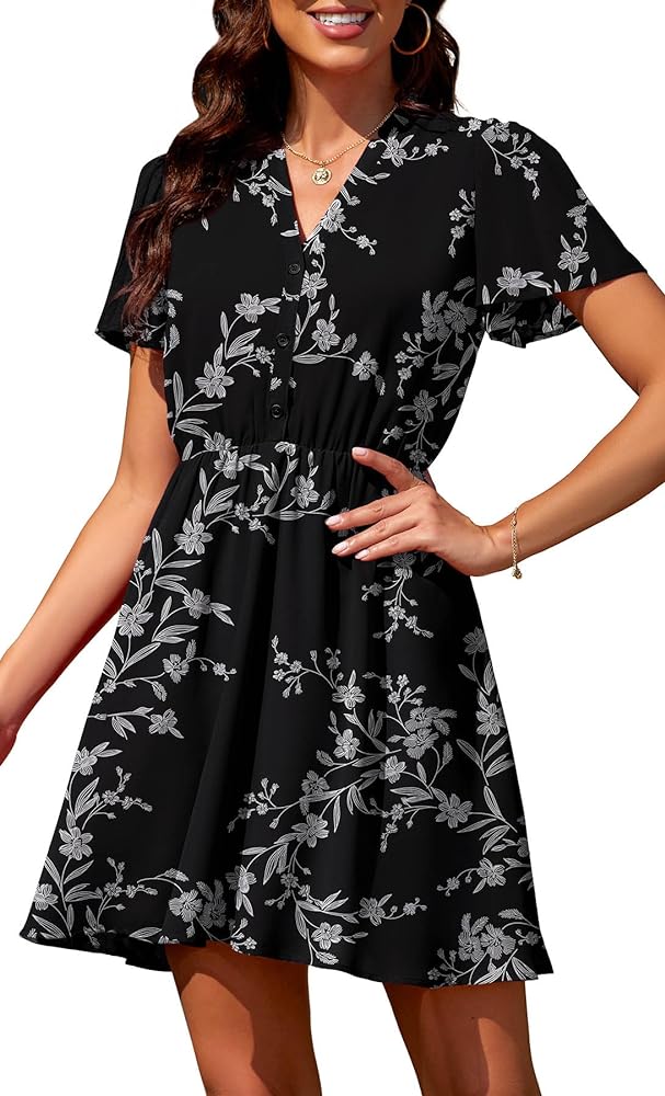 Summer Dress for Women 2024 Casual V Neck Short Sleeves Floral Chiffon Mini Dresses