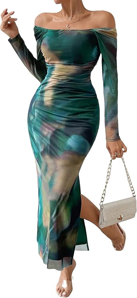 Floerns Women's Off Shoulder Tie Dye Long Sleeve Slit Hem Evening Bodycon Dress