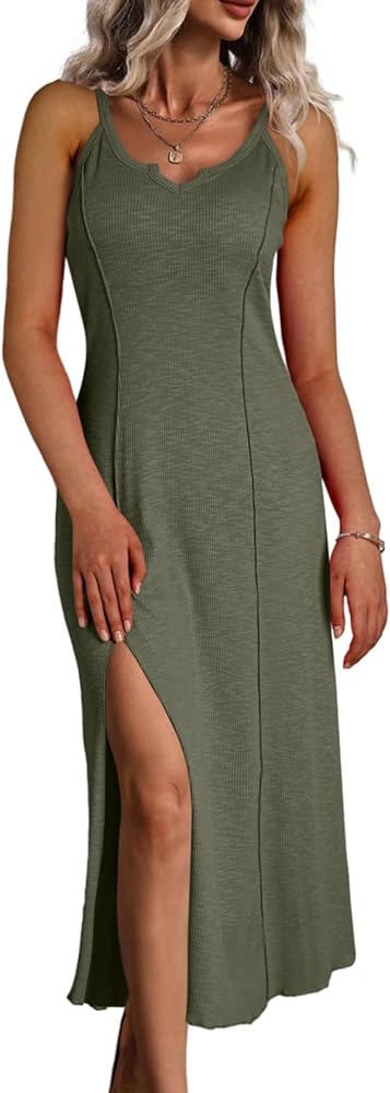 Dokotoo Womens Scoop Neck Bodycon Sleeveless Ribbed Knit Casual Tank Dress Strap Beach Cocktail Wedding Long Maxi Dresses