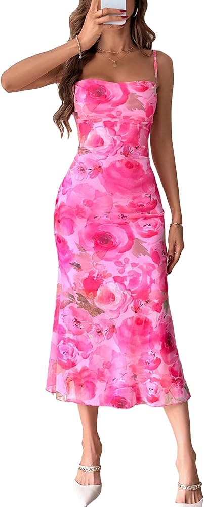 GORGLITTER Women's Floral Backless Bodycon Midi Dress Mesh Sleeveless Fishtail Cami Dresses