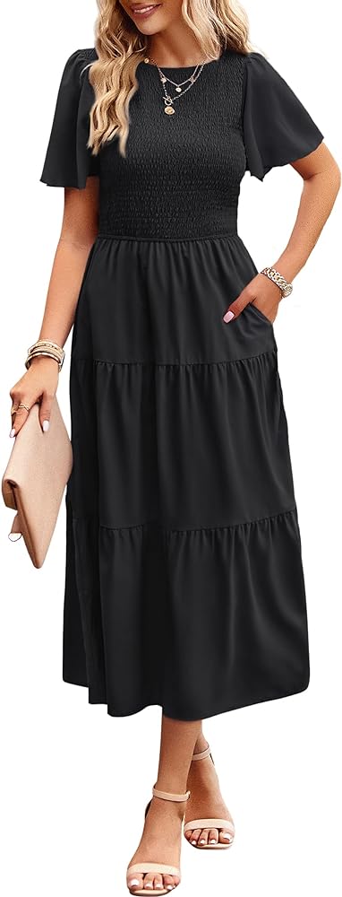 Summer Dresses for Women 2024 Casual Midi Dress with Pockets Boho Crew Neck Elastic Waist Smocked Tiered Dress