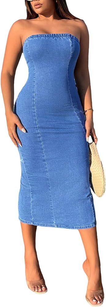 WDIRARA Women's Split Hem Tube Denim Dress Strapless Sleeveless Bodycon Midi Dresses