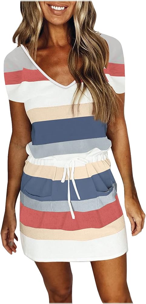 SHOPESSA Cute Dresses for Women Summer V Neck Striped Tshirt Dress Women with Pockets Short Sleeve Sleeveless Sundresses