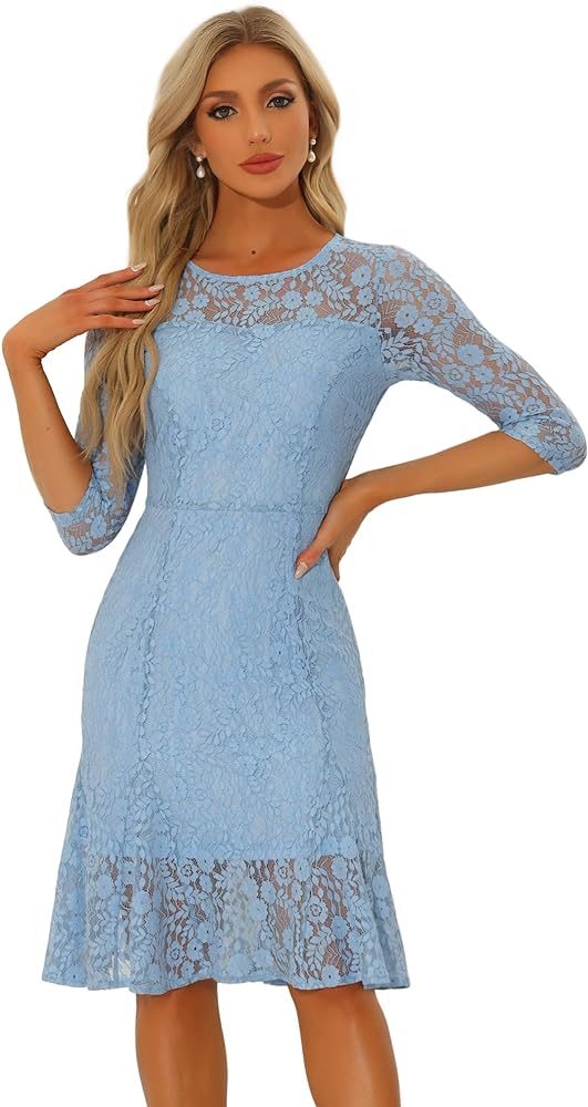 Allegra K Elegant Lace Dress for Women's 3/4 Sleeves Ruffles Bodycon Fishtail Dress