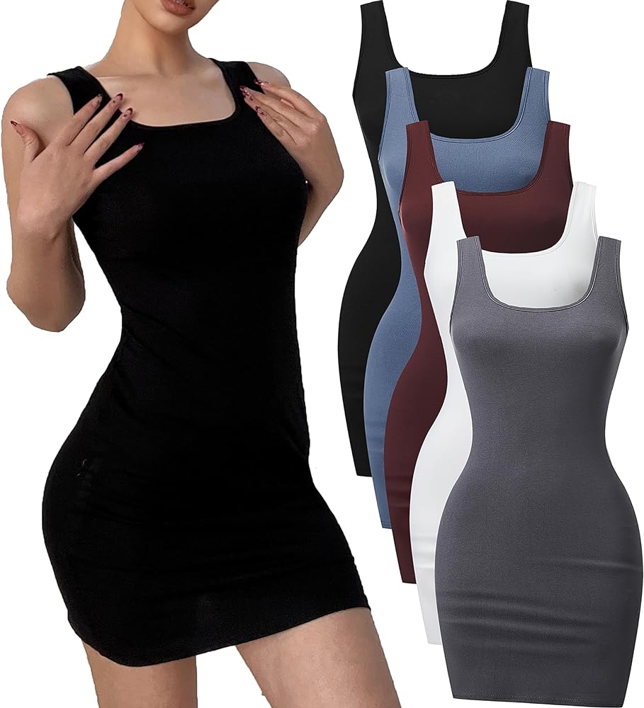 5 Piece Women Sleeveless Tank Dresses Square Neck Slim Fit Short Casual Bodycon Party Club Mini Dress