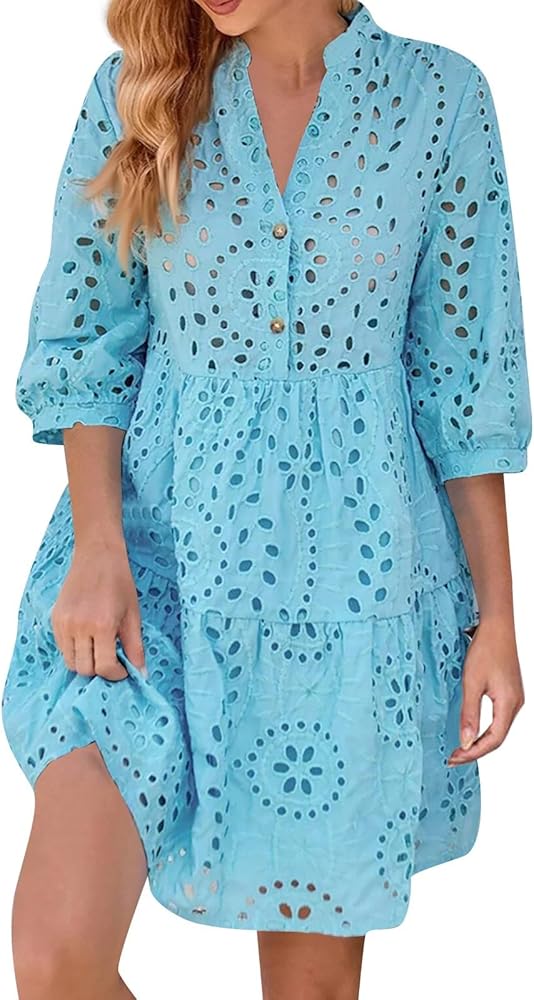 Eyelet Dresses, Women's Summer 2024 3/4 Sleeve Trendy Solid Color V Neck Lace Dress, S XXL