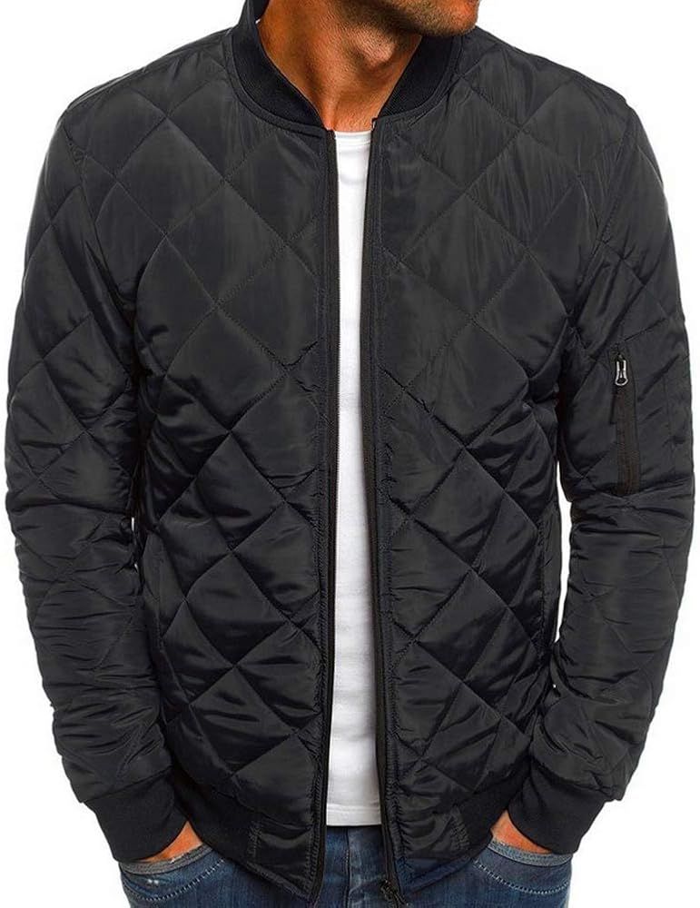 Mens Flight Bomber Jacket Diamond Quilted Varsity Jackets Winter Warm Padded Coats Outwear