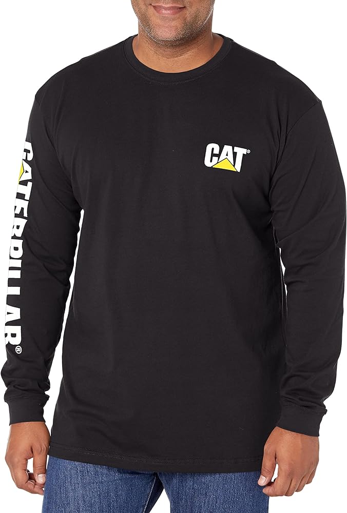 Caterpillar Trademark Banner Long Sleeve Tee Shirts for Men with Center Back Neck Wire Management Loop and Cat Workwear Logo