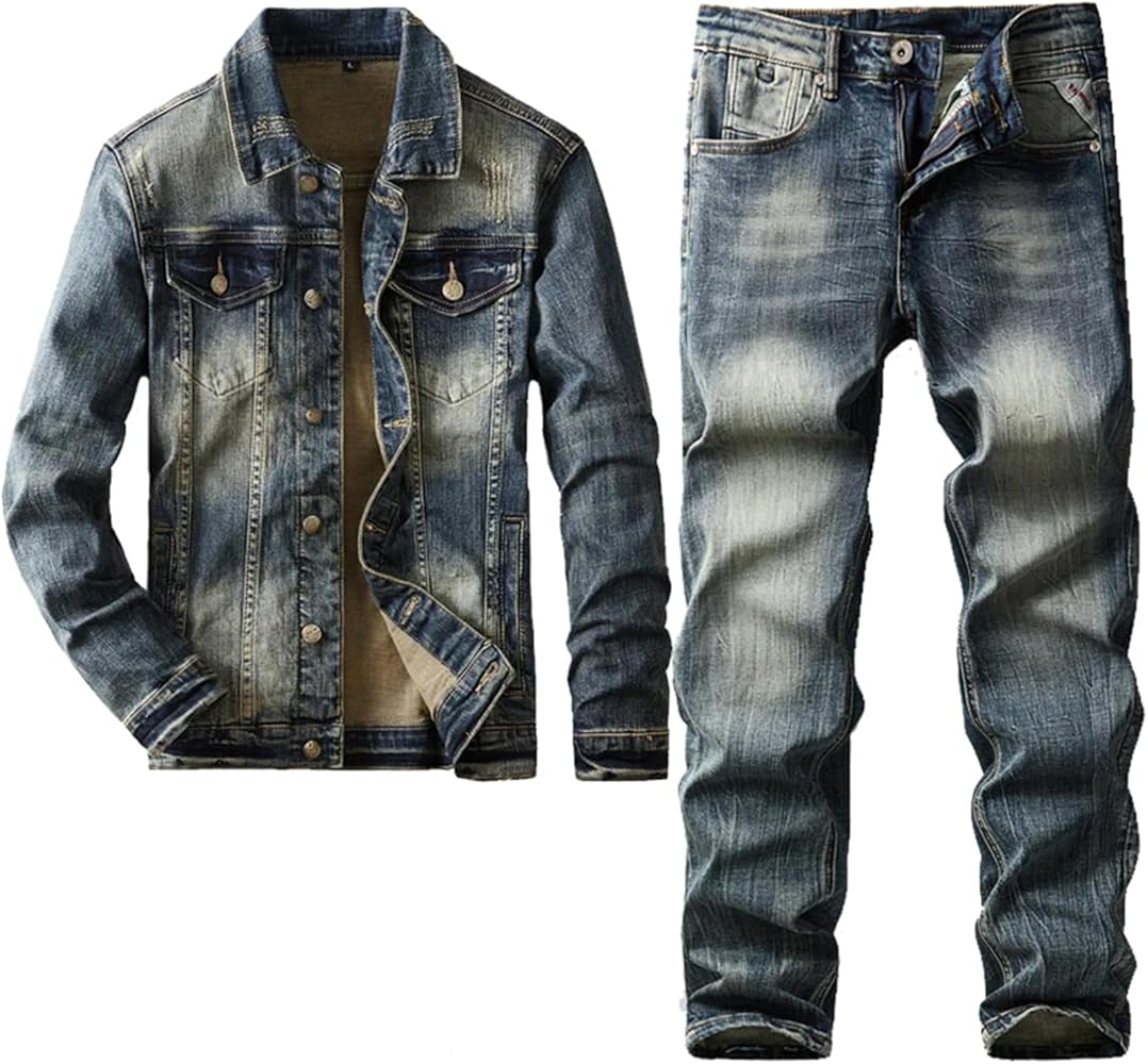 Classic Men's Jeans Suit Retro Blue Denim Jacket and Pants 2-Piece Set