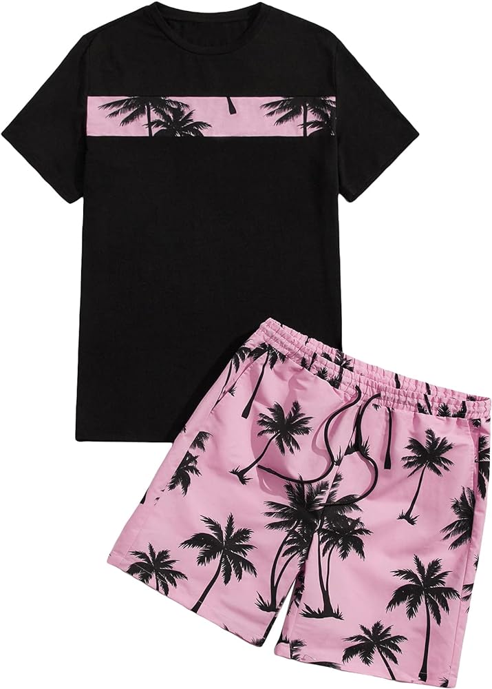 Floerns Men's Shirt and Shorts 2 Piece Sets Graphic Print Beach Outfits