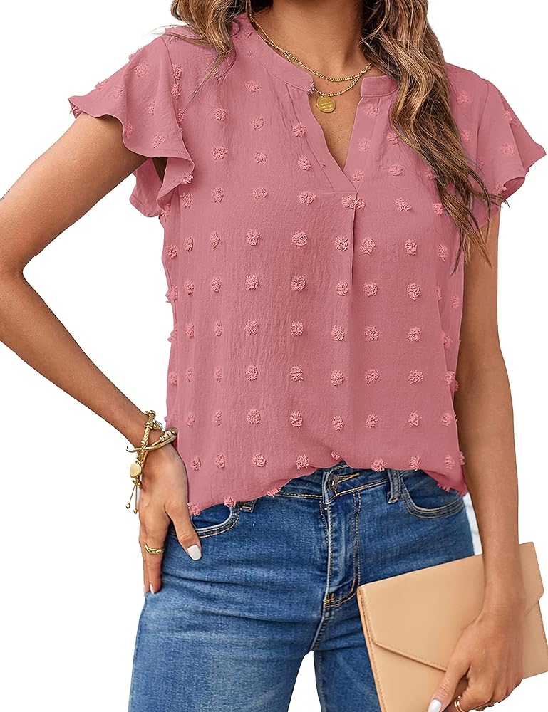 MEROKEETY Women 2024 Summer V Neck Ruffle Short Sleeve Blouse Swiss Dot Flowy Shirt Tunic Top