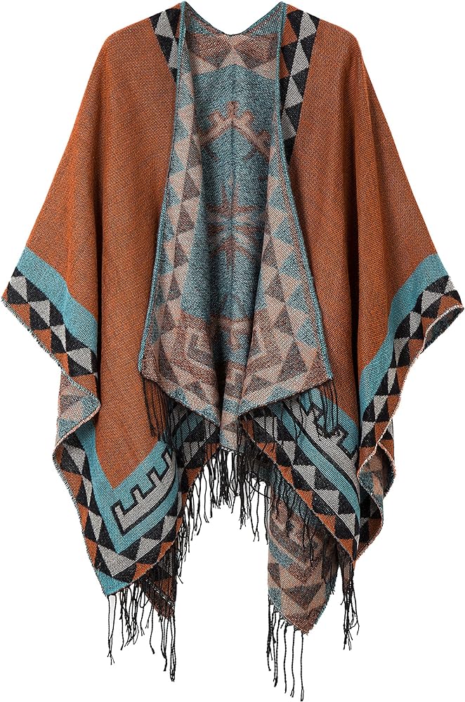 Urban CoCo Women's Printed Tassel Open Front Poncho Cape Cardigan Wrap Shawl