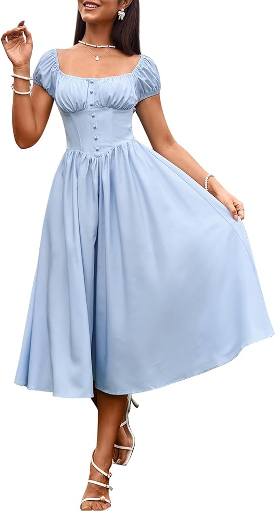 Women’s 2024 Summer Boho Square Neck Corset Midi Dress Casual Flowy Swing A line Ruffle Dresses