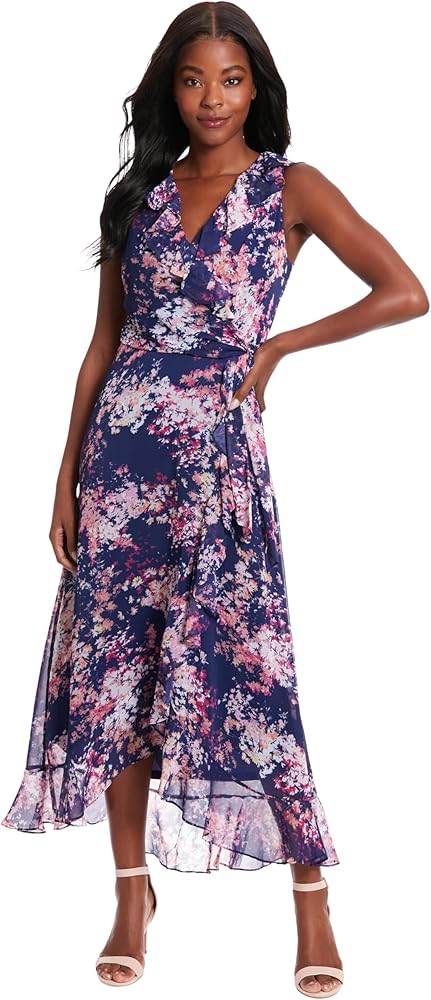 London Times Women's Ruffle V-neck and Faux Wrap Maxi Dress