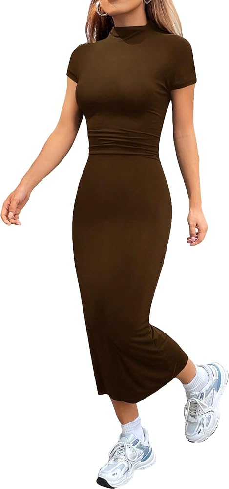 SOLY HUX Women's Mock Neck Bodycon Dress Summer Casual Sexy Ruched Short Sleeve Midi Sun Dresses Chocolate Brown M