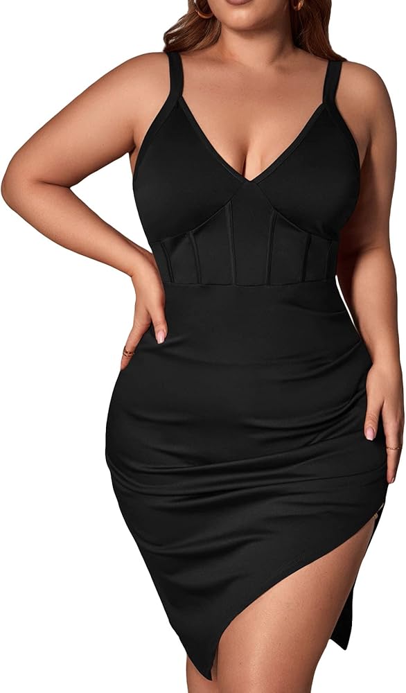 Floerns Women's Plus Size Sleeveless Asymmetrical Hem Split Thigh Bodycon Dress