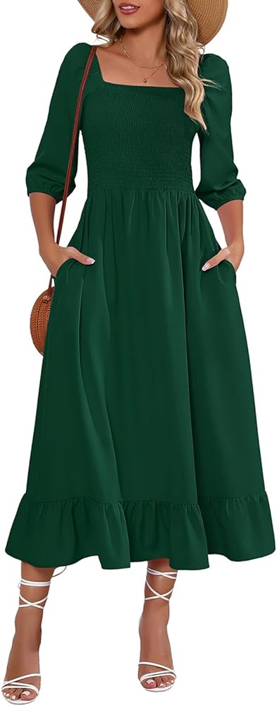 Berydress Summer Dresses for Women 2024 3/4 Sleeve Casual Square Neck Smocked Tiered Long Maxi Sun Dress with Pocket