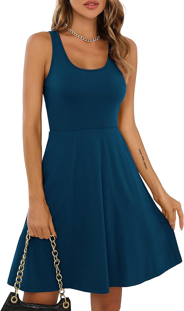 Missufe Women's Sleeveless Racerback Flared Casual Plain Tank Dress