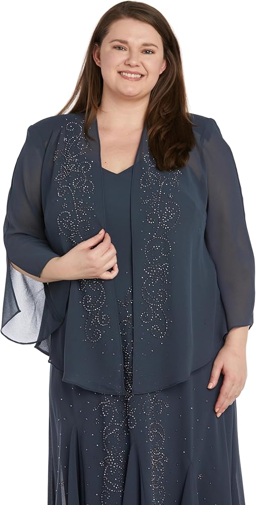 R&M Richards Women's Plus Size Beaded Slip Chiffon Jacket Dress