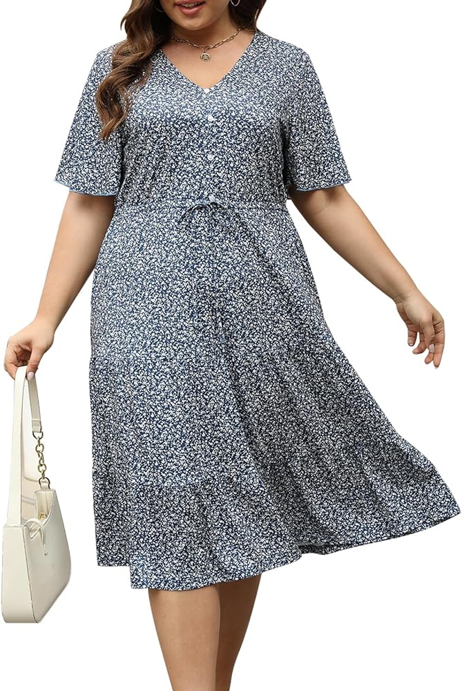 Keluummi Plus Size Party Dresses for Curvy Women, Summer Casual Boho Floral Midi Dress with Sleeve, Pocket, and V-Neck