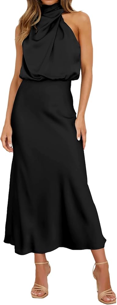 Women's Satin Maxi Dress Elegant Sleeveless Mock Neck Cocktail Party Dresses