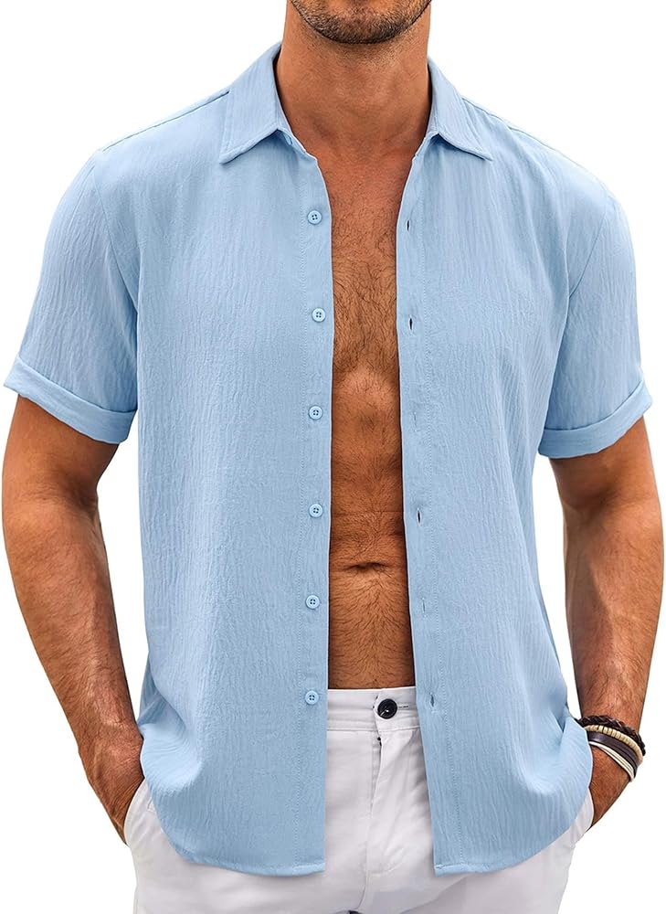 COOFANDY Men's Casual Button Down Shirt Short Sleeve Summer Beach Vacation Shirts Textured Untucked Shirts