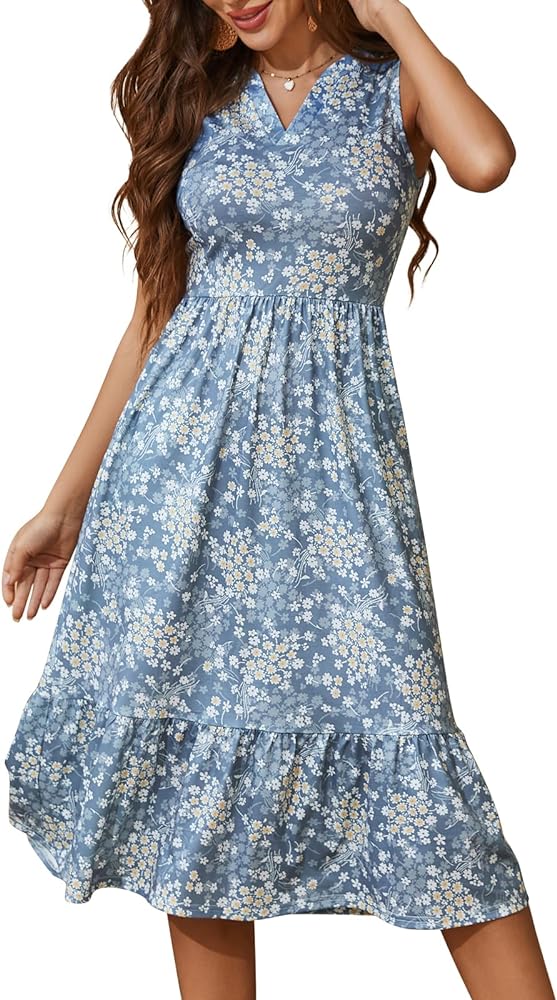 YATHON Womens Summer Sundress Notched Neck Slant A Line Tiered Midi Dresses with Pockets