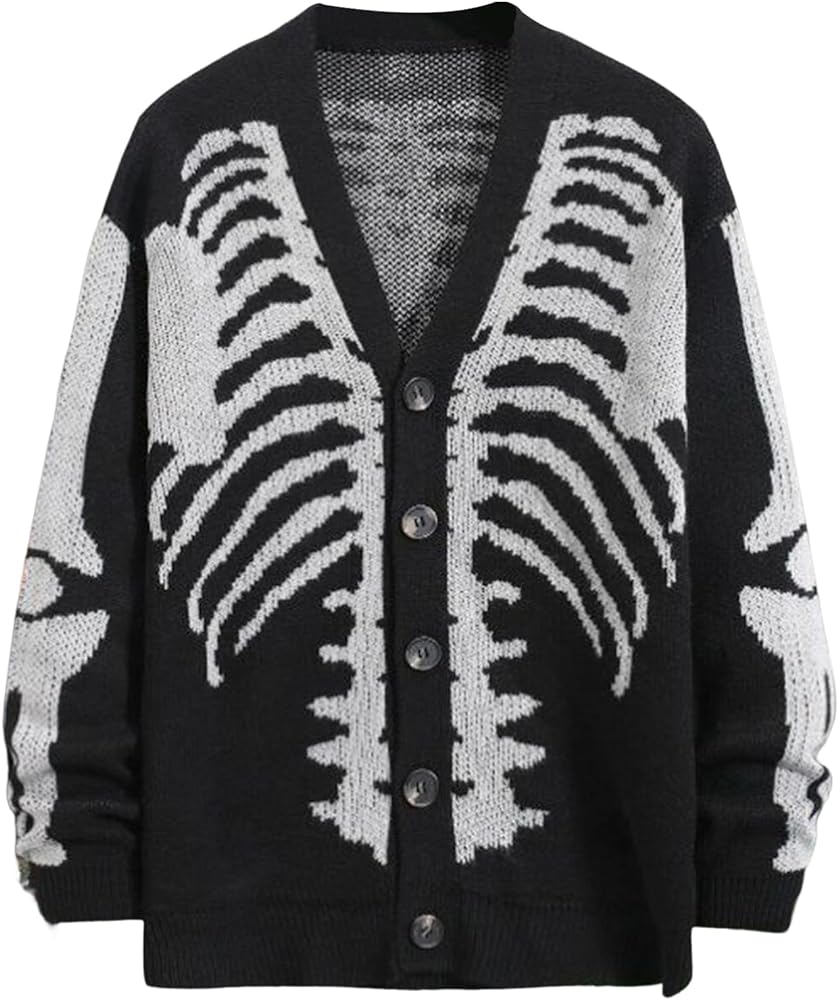 Men's Skeleton Print Cardigan Sweaters Long Sleeve Oversized V Neck Button Down Outwear Coats