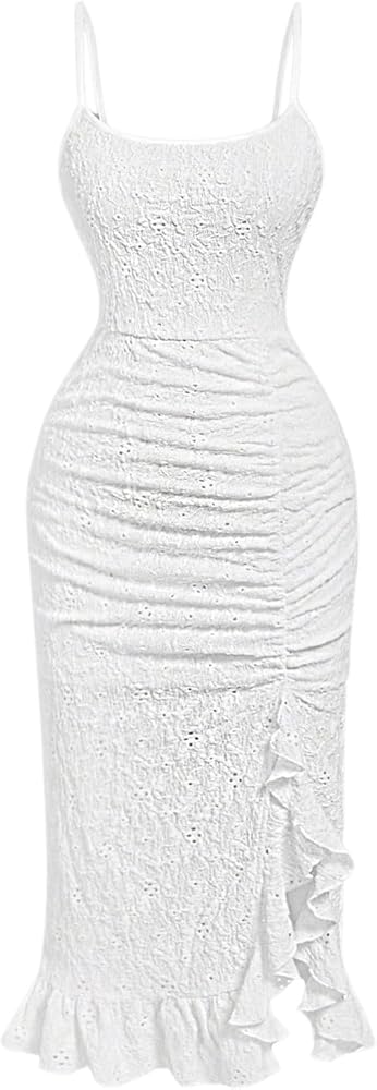 Floerns Women's Plus Size Textured Sleeveless Cami Dress Slit Ruffle Hem Midi Dress