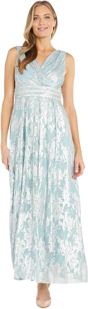 R&M Richards Women's Ankle Length Sleeveless Metallic Printed Gown