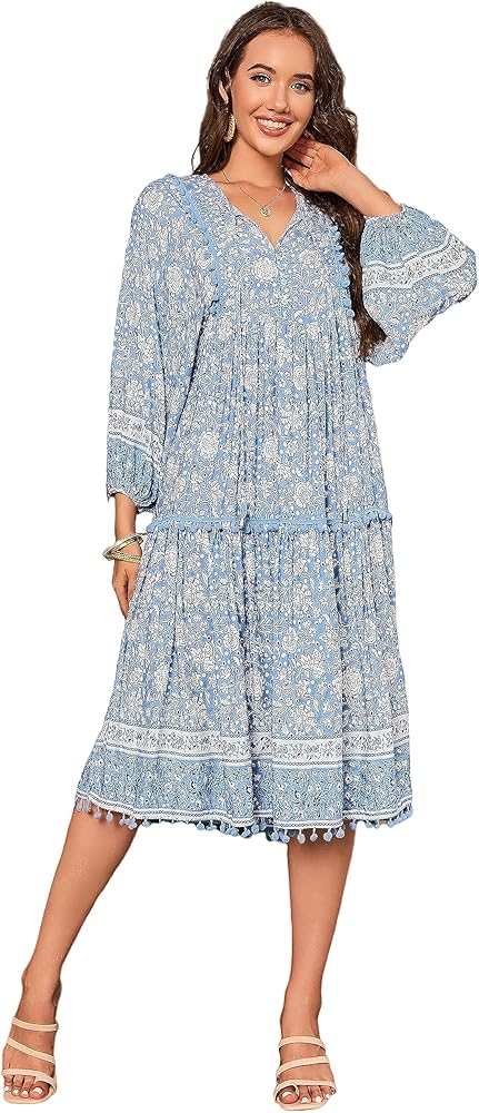 Women's Bohemian V Neck Floral Print A-line Casual Midi Long Dress