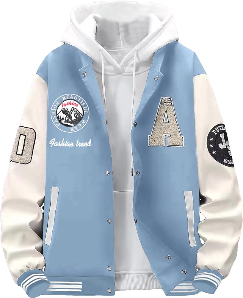 SHENHE Men's Letter Print Varsity Jacket Color Block Streetwear Bomer Baseball Jacket Dusty Blue L