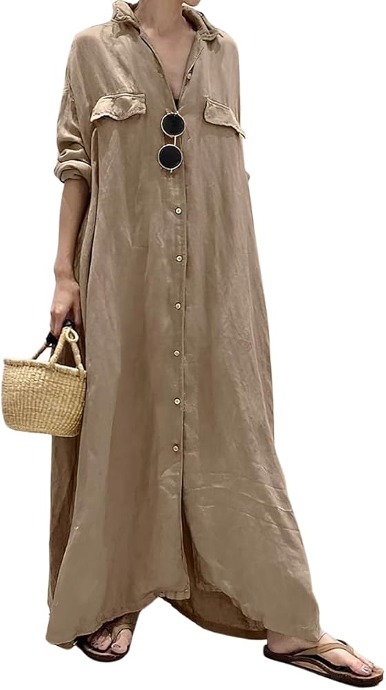 chouyatou Women's Casual Long Sleeve Maxi Shirt Dress Loose Fit Cotton Button Down Swing Long Dress