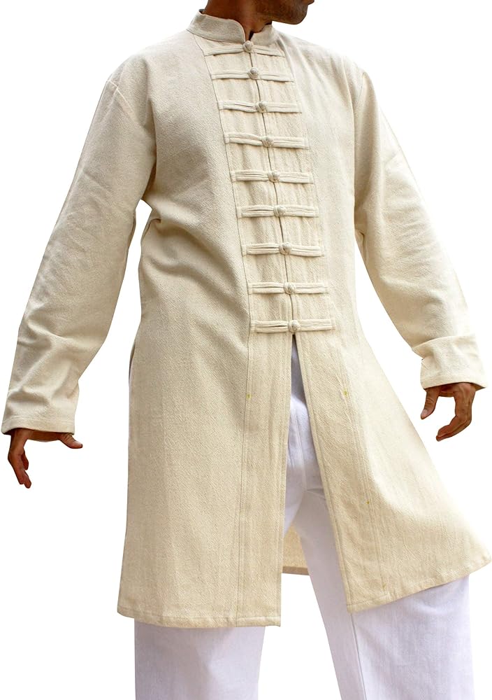 Chinese Collar Mens Long Naval Jacket Many Button Tai Chi Cotton