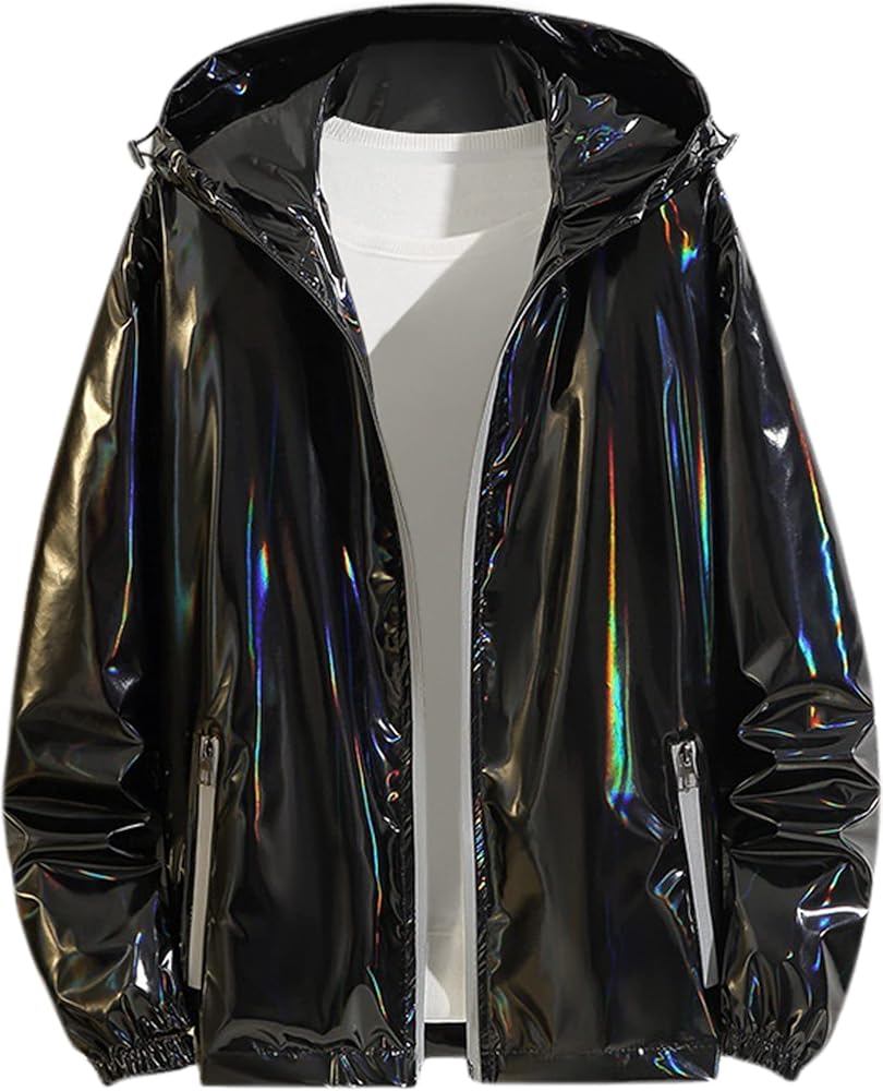 Lars Amadeus Metallic Jacket for Men's Solid Zipper Sparkle Shiny Holographic Hooded Windbreaker